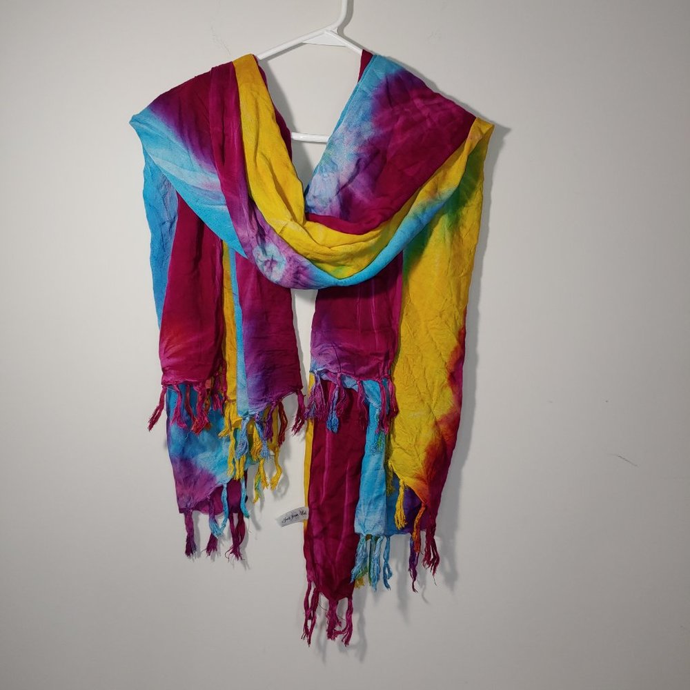 Just From Bali Tie Dye Multicolored Scarf Beach Wrap Free Size Red Yellow Blue
